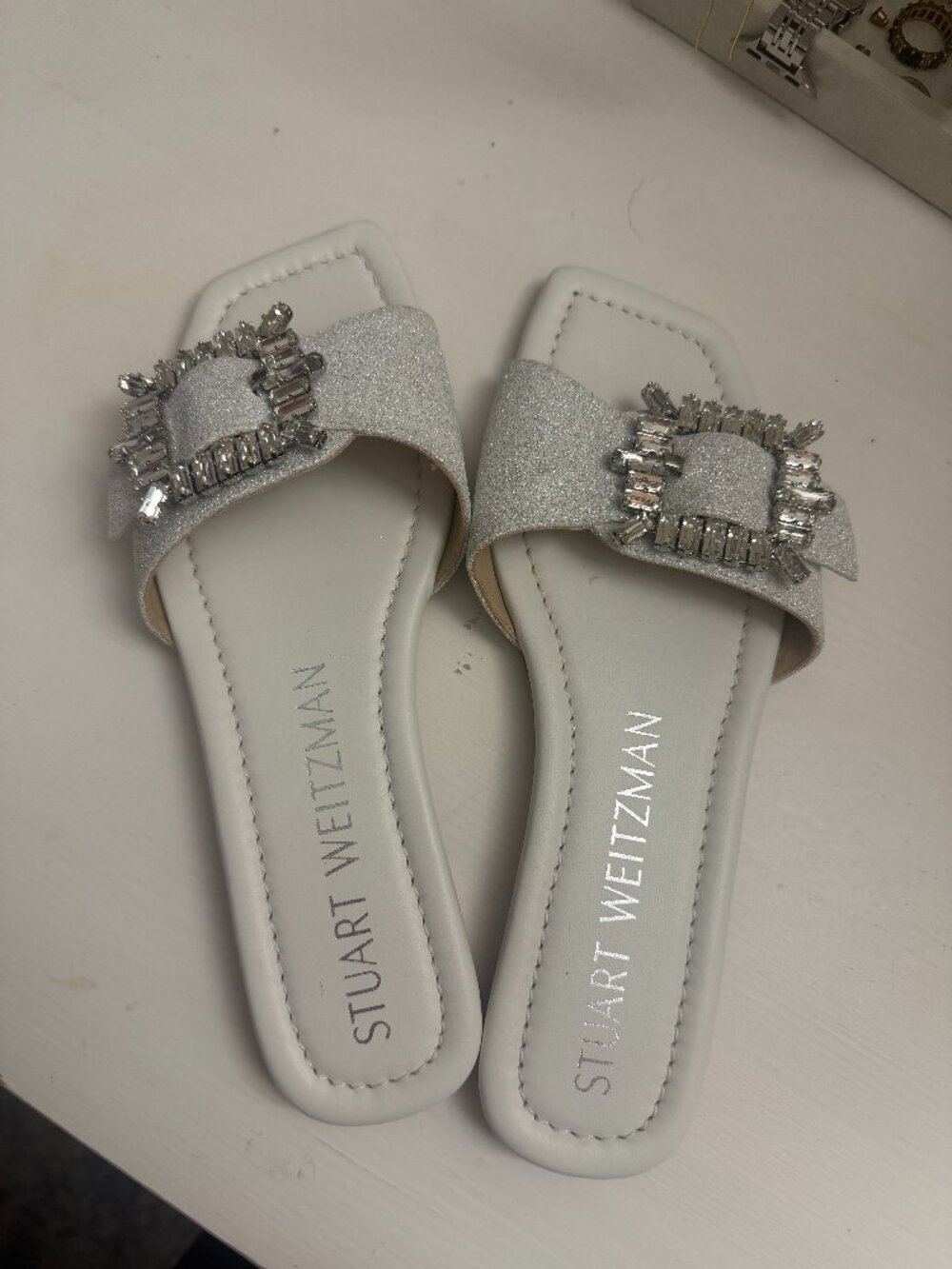 Stuart Weitzman Silver Glitter Crystal Buckle Slide Sandals – Size 6